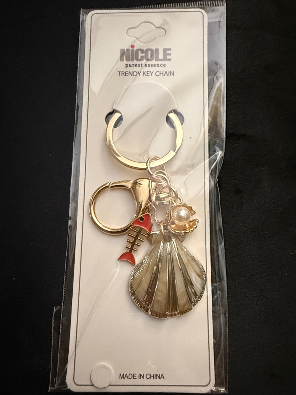 Gold-tone Shell & Pearl Keychain or Bag Charm